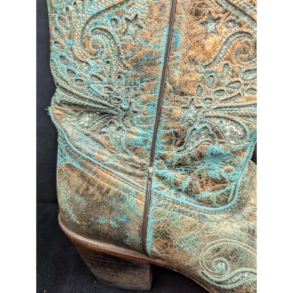 Corral Boots 7.5M Pointed Snip Toe Women Bronze/Turquoise Engraved Glitter Inlay - Picture 6 of 16